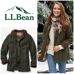 L.L.Bean Green Brown Ribbed Button Down Plaid Lined Cargo Jacket Size Medium
